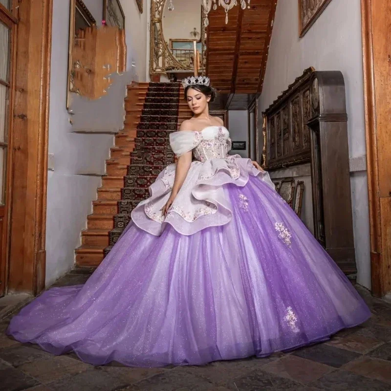 Purple Shiny Ball Gown Quinceanera Dress Sweet 15 16 Years Old Birthday Party Wear Sweetheart Off Shoulder Princess Long Girls