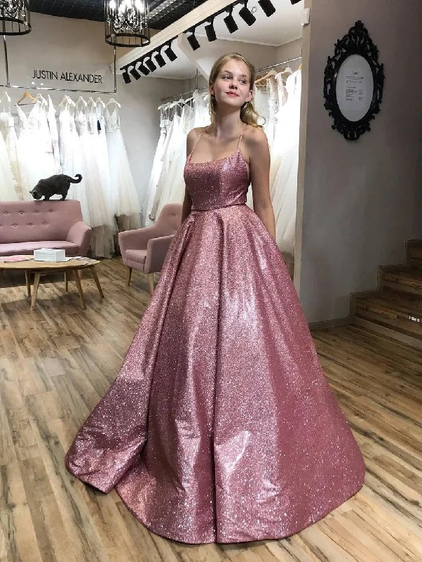 Members Only A-line Scoop Spaghetti Straps Sparkle Prom Dress with Pockets JKQ108
