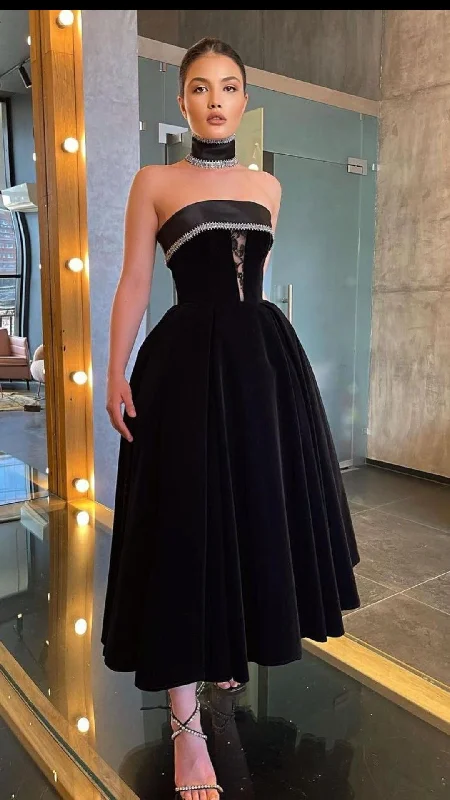 Black Strapless Evening Dresses for Wedding Guests Lace Beaded Sleeveless Evening Dress Y4854