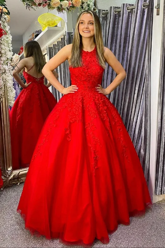 Daily Deals Red Scoop Neckline Lace Floor Length Prom Dress