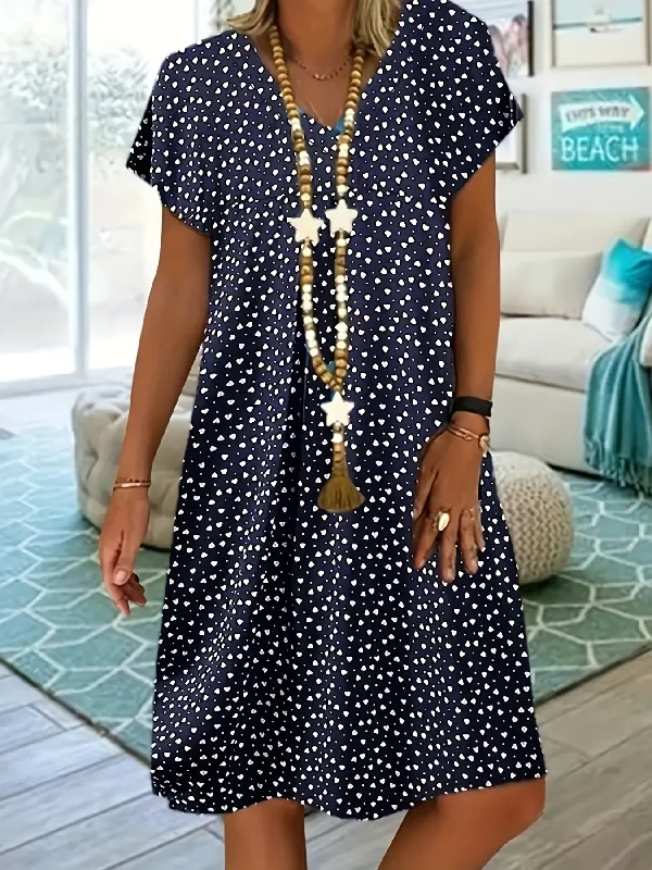 Closeout Polka Dot & Heart Print Dress, Casual V Neck Short Sleeve Dress