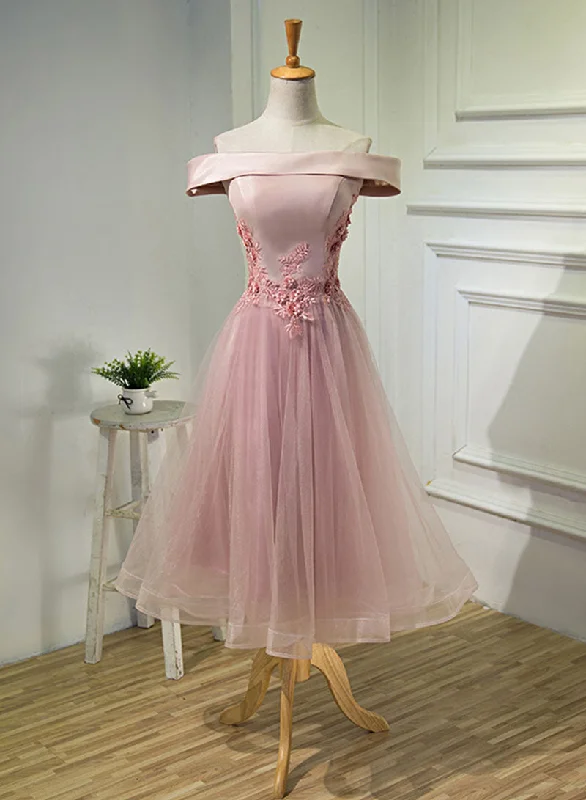 Buy Now Pink Tulle Lace Short Prom Dress, A-Line Off the Shoulder Party Dress