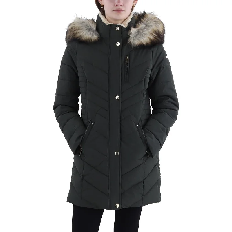 Womens Faux Fur Trim Hooded Puffer Jacket