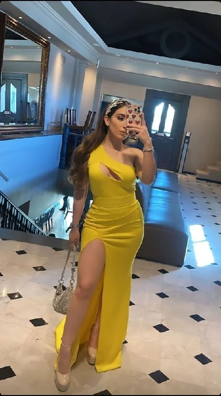 Major Savings textured dressYellow One Shoulder Sheath Prom Dress With Split Y5668 Major Savings textured dressYellow One Shoulder Sheath Prom Dress With Split Y5668