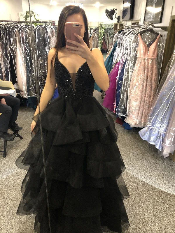 YEAR-End Sale elegant shift dressGorgeous V-Neck Black Beaded Long Prom Dress with Layered Ruffles  Y5770
