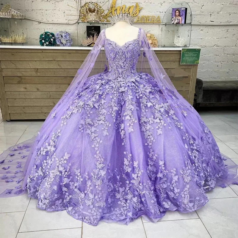 Lilac lavender Butterfly Quinceanera Dresses With Cape Lace Applique Sweet 16 Dress Mexican Prom Gowns Vestidos De XV Anos