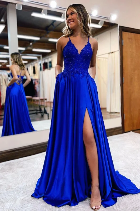 Discount Extravaganza Beautiful Spaghetti Strap Lace Long Prom Dress, A-Line V-Neck Satin Evening Dress with Slit