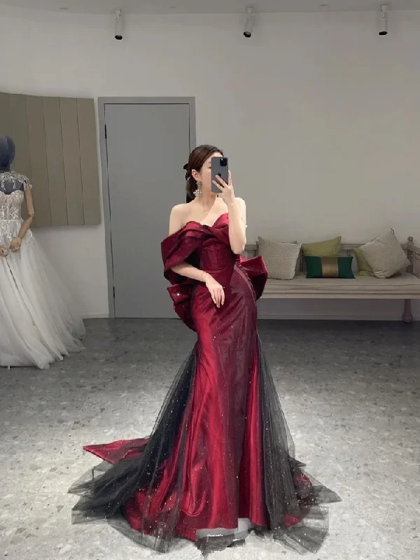 Super Sale satin midi dressRomantic Off The Shoulder Burgundy Evening Dress,Reception Dress Y4416