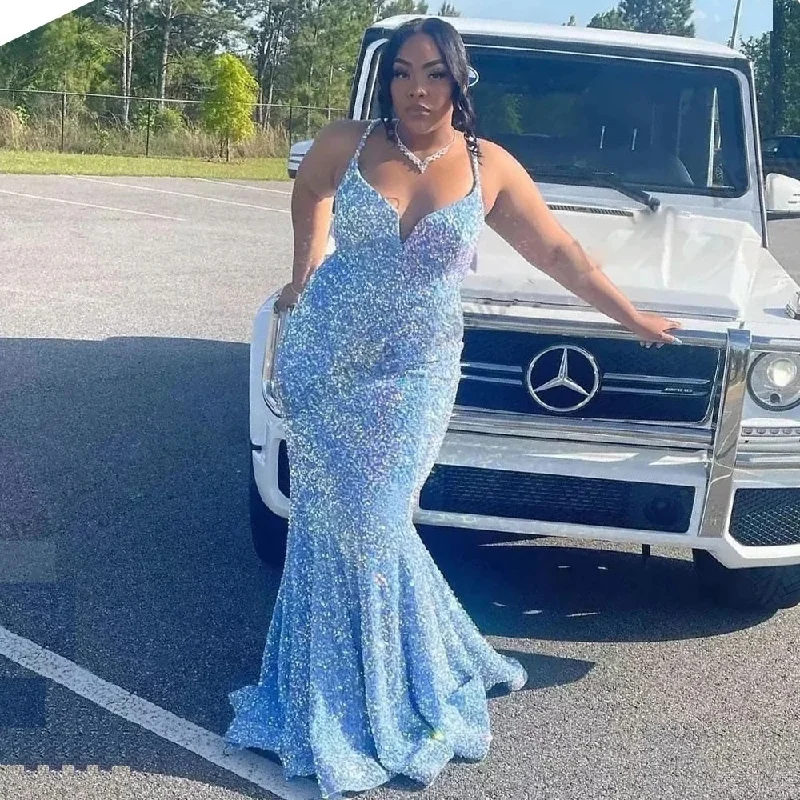 Sexy Plus Size Long Prom Dresses For Black Girls Sparkly Sequined Birthday Party Dresses Mermaid Sky Blue Evening Gown