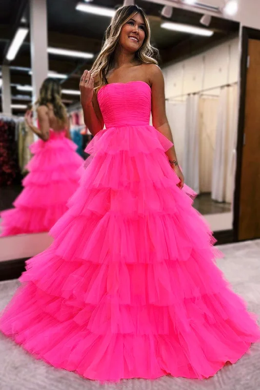 Special Savings Hot Pink Strapless Tulle Long Prom Dress, Cute A-Line Evening Dress