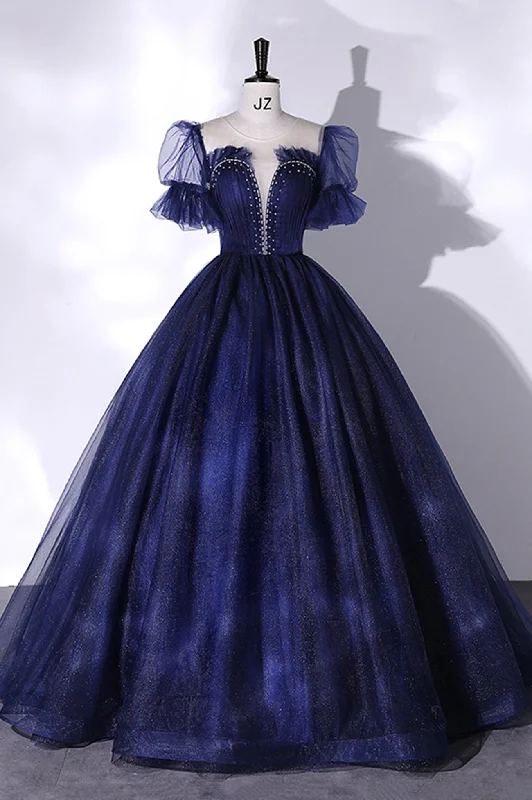 Year-End Sale Blue Tulle Long Ball Gown, Blue A-Line Short Sleeve Evening Dress