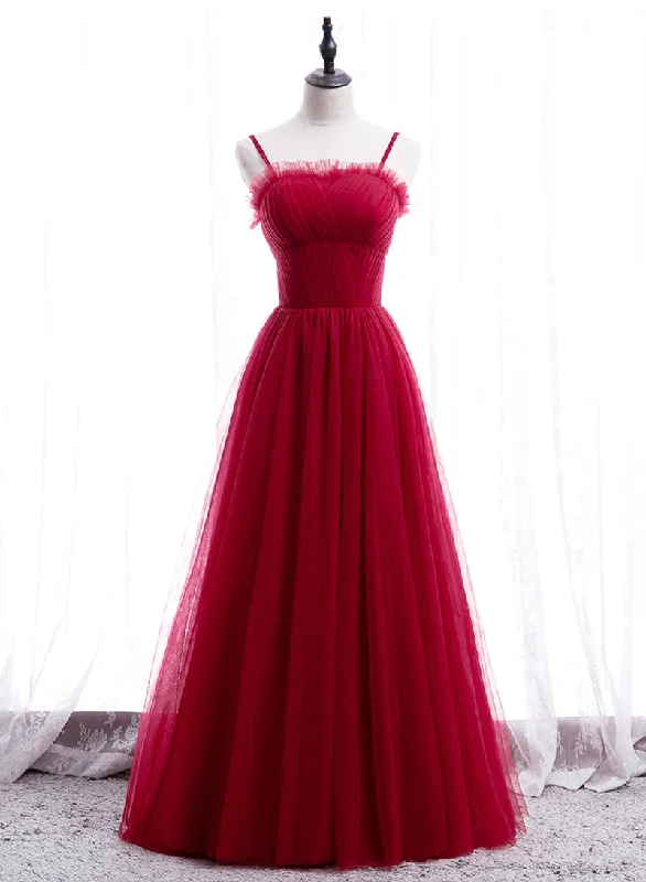 Super Savings Simple Tulle Long Prom Dress, Red Spaghetti Strap Evening Party Dress