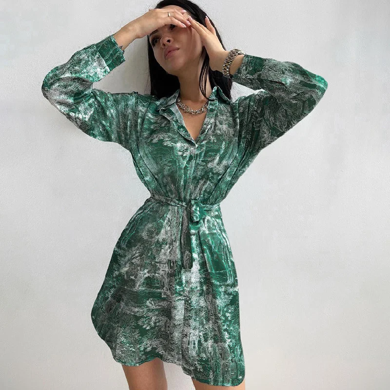 Deal Frenzy fitted dressEmerald Green Satin Shirt Dress