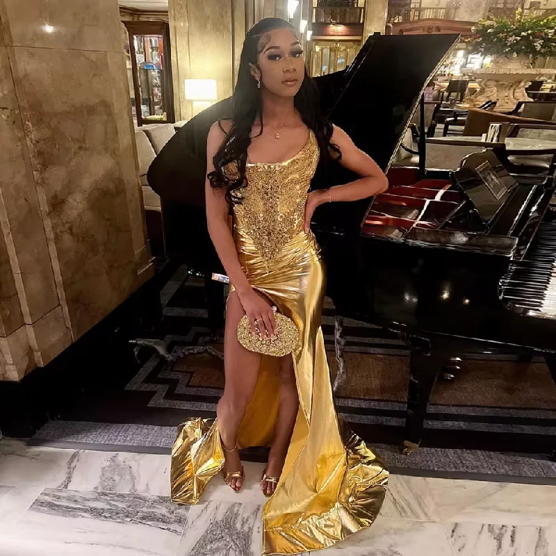 One Shoulder Golden Appliques Satin Dress With Slit Floor Length Elegang Mermaid Dresses Custom Made Women Clothing Free Shippin