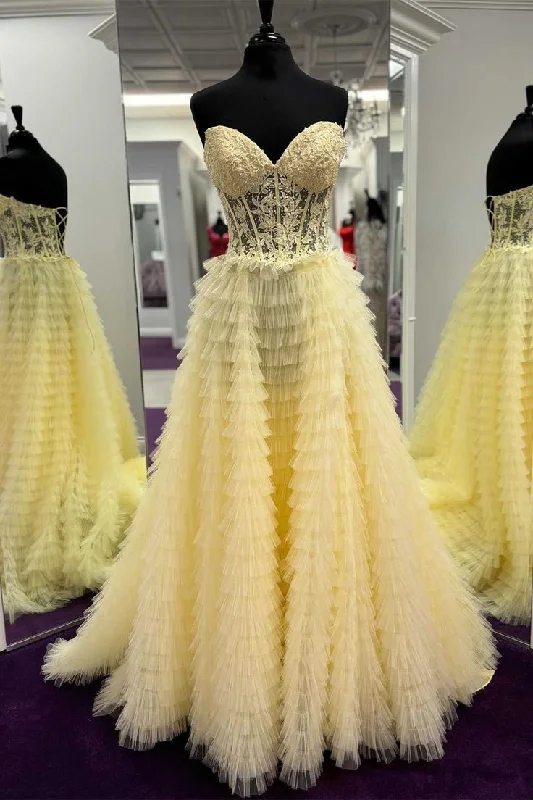 Clearance Event lace-up dressYellow Sweetheart Lace Corset Tiered Tulle Prom Dress Y5819