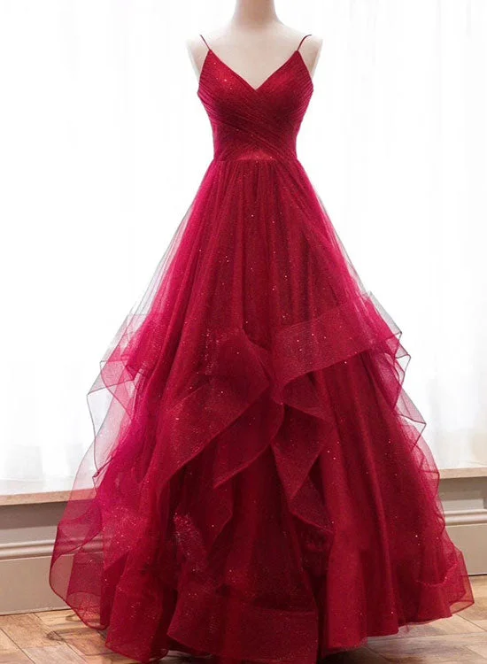 Flash Deals Burgundy V-Neck Tulle Long Prom Dress, Burgundy Evening Party Dress