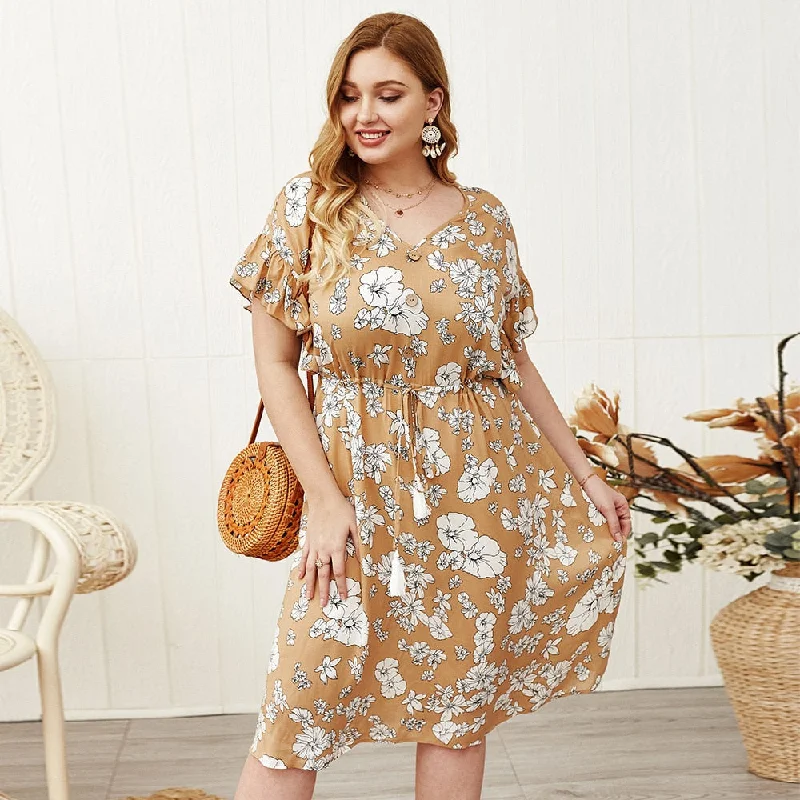 BerriesJam - Casual Loose Floral Print Tassel V Neck Buttons Midi Dress