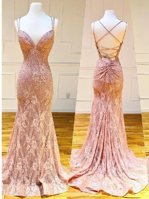 Quick Sale Mermaid/Trumpet Prom Dress Spaghetti Straps Pink Lace Evening Dress JKZ87123 Quick Sale Mermaid/Trumpet Prom Dress Spaghetti Straps Pink Lace Evening Dress JKZ87123