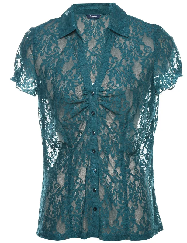 New Markdowns puffer jacketDark Green Short-Sleeve Floral Lace Sheer Blouse - M