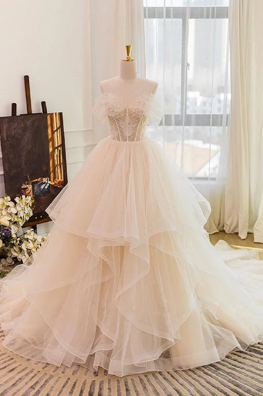 Mega Sale Champagne Strapless Tulle Long Long Prom Dress