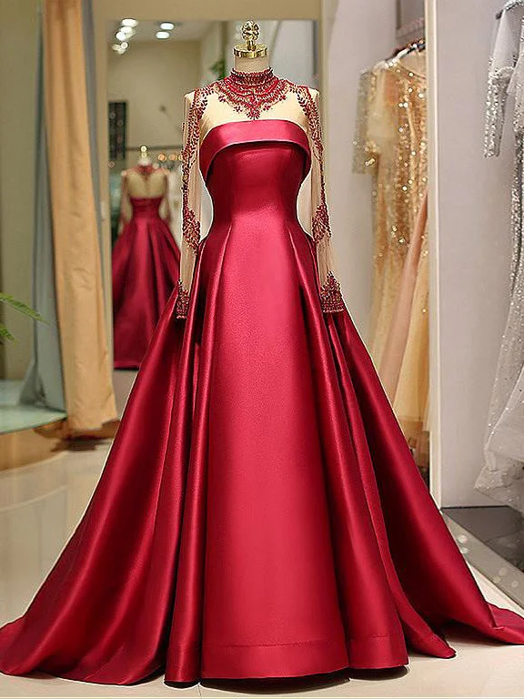 Markdowns Long Sleeve Prom Dresses High Neck Burgundy Long Prom Dress Satin Evening Dress JKL1530 Markdowns Long Sleeve Prom Dresses High Neck Burgundy Long Prom Dress Satin Evening Dress JKL1530