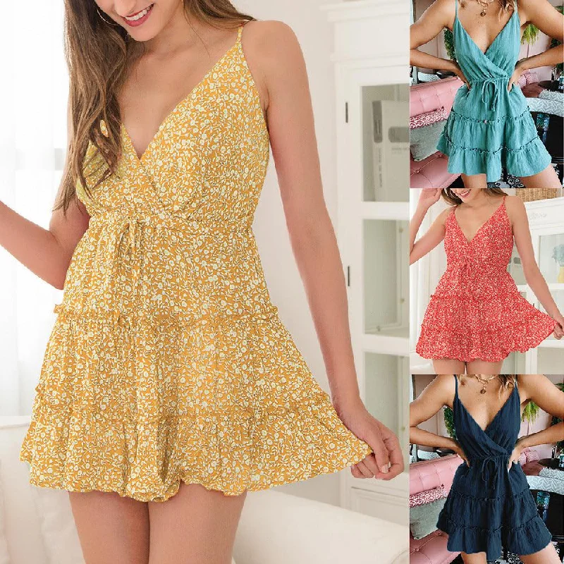 Online Only v-neck dressEuropean and American sexy floral dress