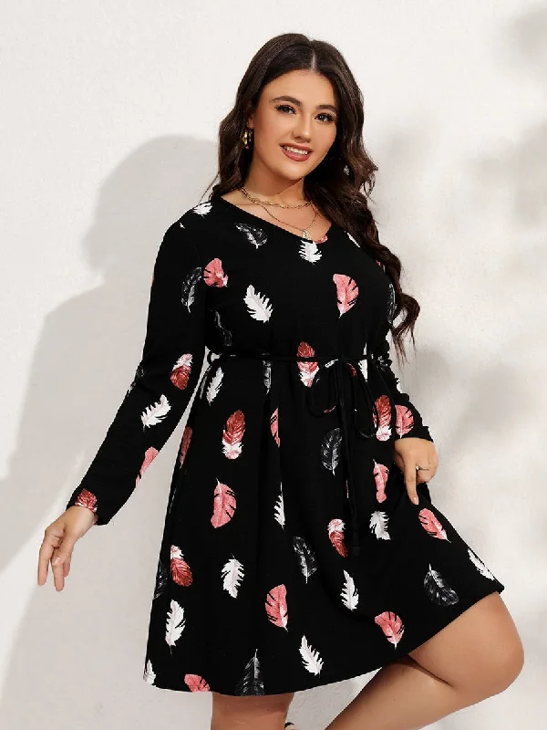 BerriesJam - 2024 Tie Neck Ruffle Hem Solid Feather Print Plus Size Party Dress