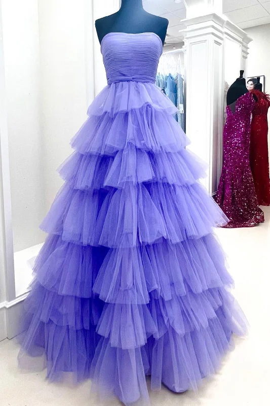 Markdown Madness Purple Tulle Layers Long Prom Dress, Purple Strapless Formal Evening Dress
