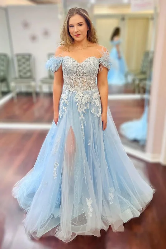 Glitter Off The Shoulder Light Blue Corset Prom Dress with Appliques Y6626