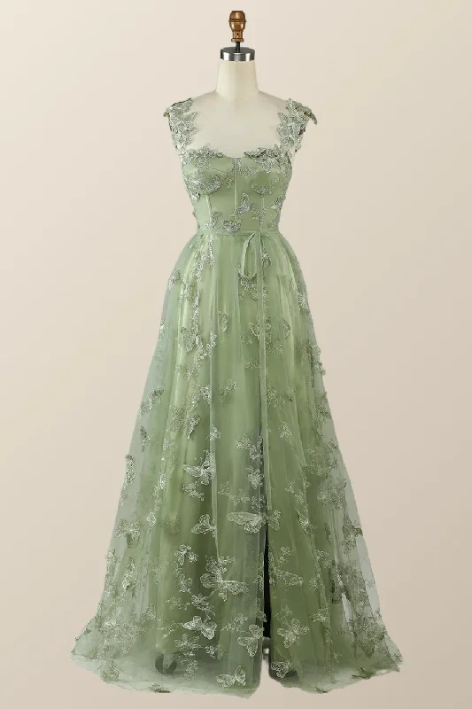 Online Only boho-chic dressSage Green Butterfly A-line Long Formal Dress Evening Dress  Y2801