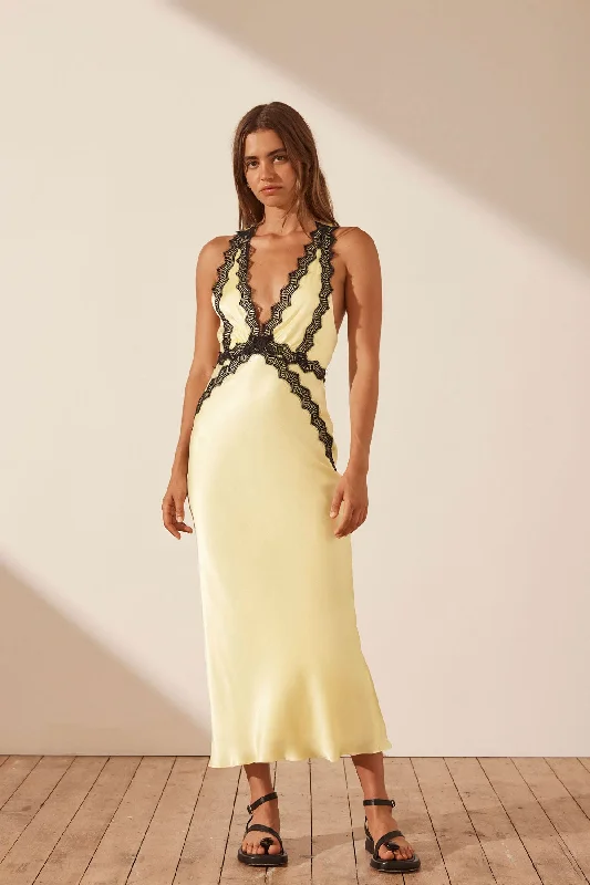 Sale Event flowy maxi dressSHONA JOY CAMILLE LACE CROSS BACK MIDI DRESS - LIMONCELLO/ BLACK