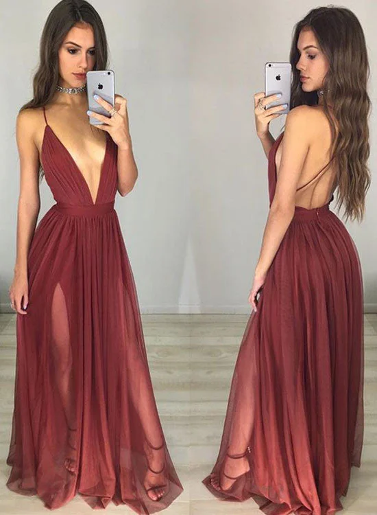 Online Only A line Backless Burgundy Tulle Long Prom Dress, Burgundy Evening Dress Online Only A line Backless Burgundy Tulle Long Prom Dress, Burgundy Evening Dress