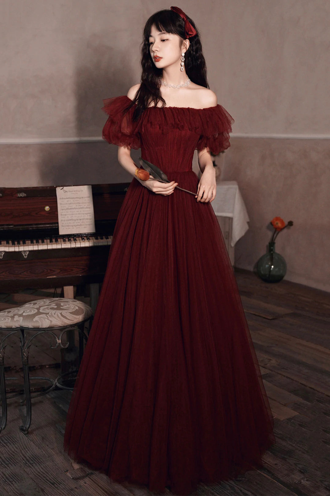 Reduced Prices Burgundy Tulle Long Prom Dress, Beautiful A-Line Evening Party Dress