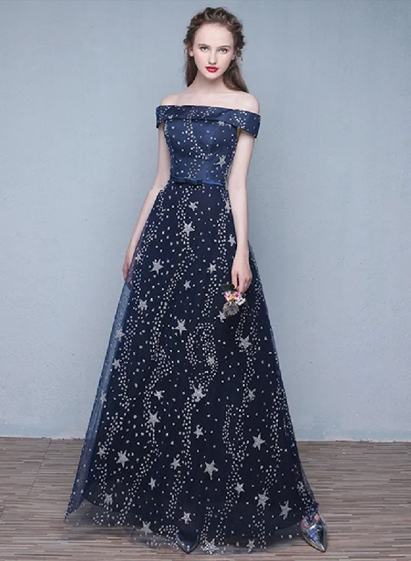 Savings Event Dark Blue Tulle Sequins Long Prom Dress, Blue A-Line Off the Shoulder Evening Dress Savings Event Dark Blue Tulle Sequins Long Prom Dress, Blue A-Line Off the Shoulder Evening Dress
