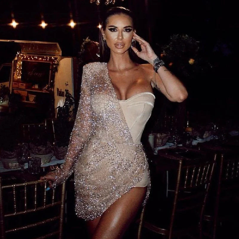 Exclusive Access summer floral dressBerriesJam - 2024 One Shoulder Shiny Glitter Sequin Bandage Dress