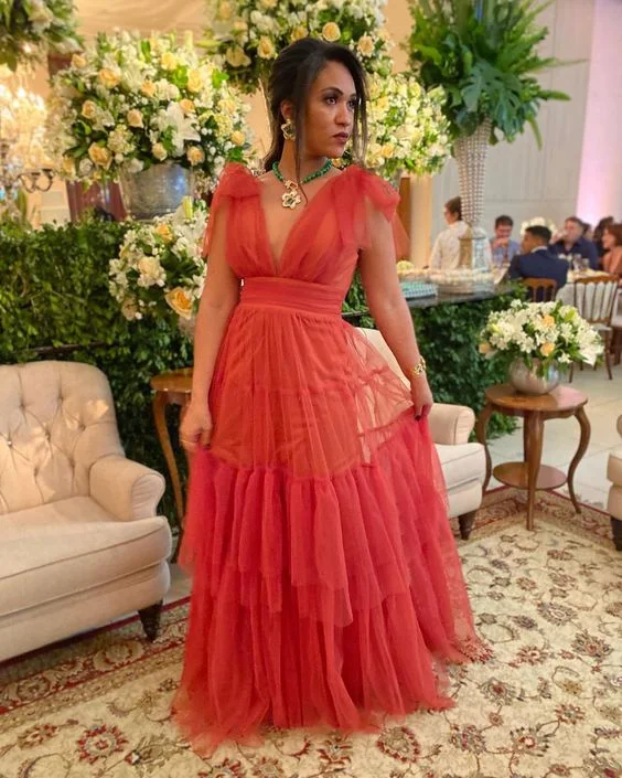Markdown Madness casual midi dressA-line V Neck Tulle Prom Dress,Wedding Guest Outfit Y5539
