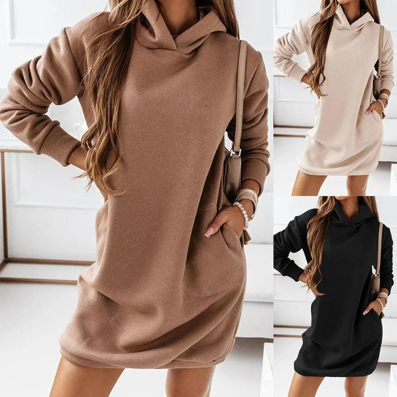 Year-End Clearance elegant dressFashion Hooded Long-sleeved Solid Color Women's Dress