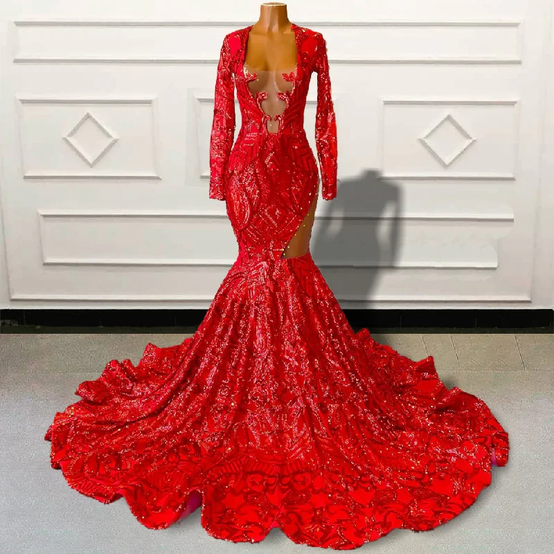 Sparkly Sequin Red Mermaid Long Prom Dresses for Graduation Party Full Sleeves Black Girls Custom Occasion Evening Gown