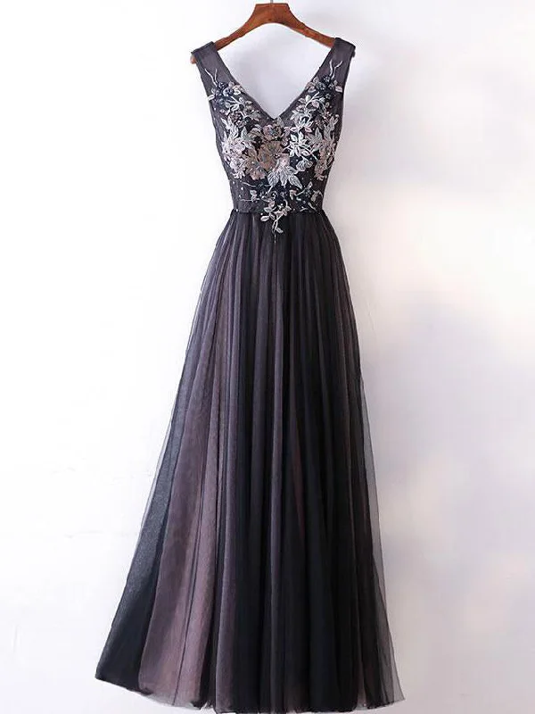 Don't Wait Long Prom Dresses Straps V-neck A-line Embroidery Sexy Black Prom Dress JKL538 Don't Wait Long Prom Dresses Straps V-neck A-line Embroidery Sexy Black Prom Dress JKL538