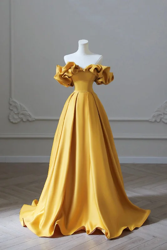 Price Fest Yellow Satin Long Prom Dress, Off Shoulder Evening Party Dress