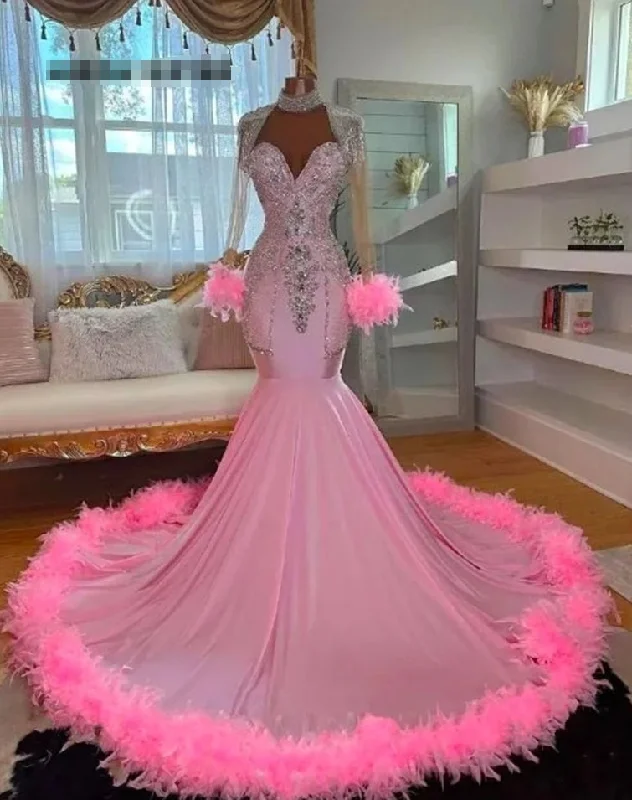 Pretty Pink Feather Train Long Sleeve Rhinestones Prom Dresses Mermaid Elegant Dress For Wedding Party See Through Gowns African