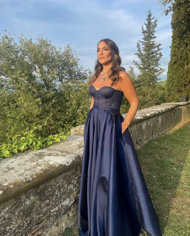 Today’s Deal office dressClassic Navy Blue Satin A-line Prom Dress With Pockets Y5186 Today’s Deal office dressClassic Navy Blue Satin A-line Prom Dress With Pockets Y5186