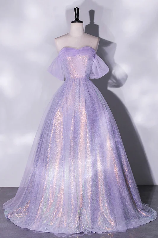 Discount Mania Shiny Tulle Sequins Long Prom Dress, Off the Shoulder Party Dress