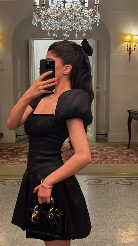 Friends and Family Sale trendy wrap dressVintage Black Puffy Sleeves Homecoming Dress,Black Birthday Party Dress Y5811