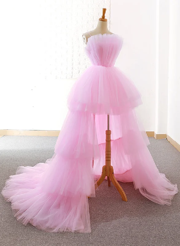 Special Discount Pink Strapless Tulle High Low Prom Dress, Beautiful A-Line Evening Party Dress