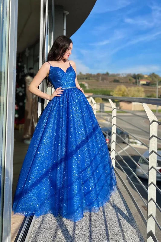 Get It Before It’s Gone Blue Spaghetti Strap Tulle Long Prom Dress, Beautiful A-Line Party Dress