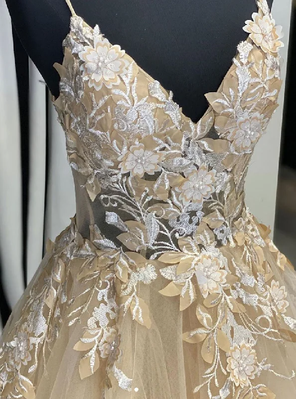 The Best Prices Champagne V Neck Tulle Lace Long Prom Dresses Evening Dresses
