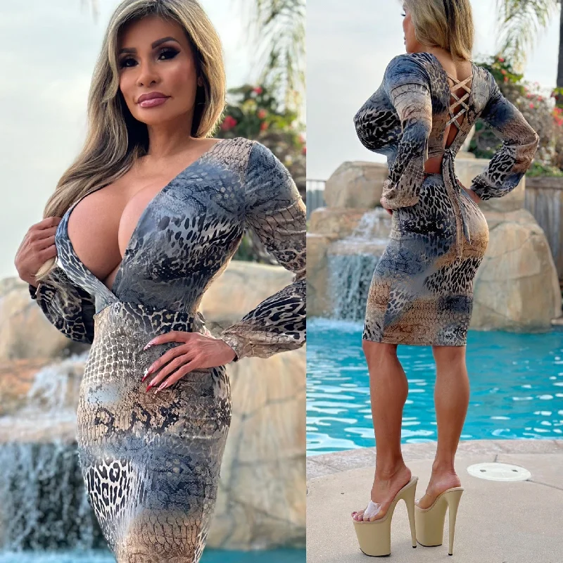 Connie's "LIMITED" Made in USA "SNOW LEOPARD MIDI" OPEN Criss Cross Back and Cinchable Waist to Make it SNUG!!! Extreme Plunge FULL Stretch