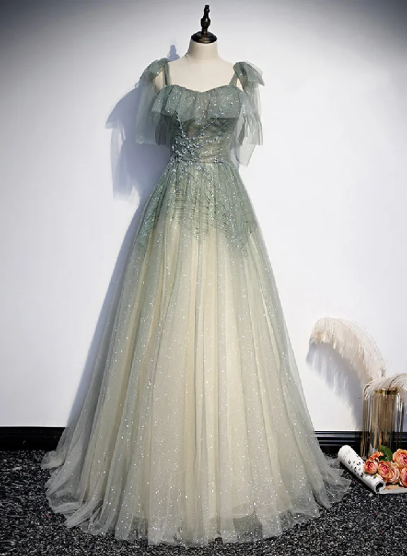 Deal Explosion Elegant Tulle Floor Length Prom Dress, A-Line Green Evening Dress