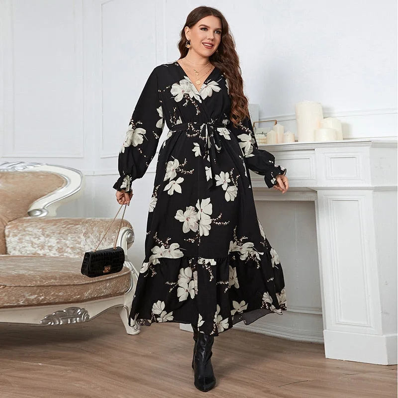 BerriesJam - Elegant Long Sleeve Black Floral Wraped Party Dress